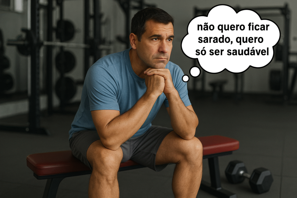 homem de camisa azul e short cinza sentado num banco da academia refletindo sobre sua saúde com o pensamento "não quero ficar sarado, quero só ser saudável." Imagem feita por IA