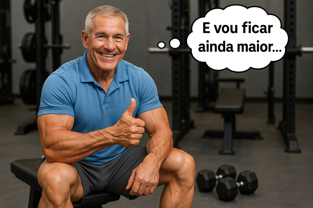 senhor de uns 60 anos sentado em um banco da academia, com short cinza e camisa azul clara, fazebdo sinal de "joinha" com polegar direito, com pensamento "e vou ficar ainda maior", Imagem criada por IA.