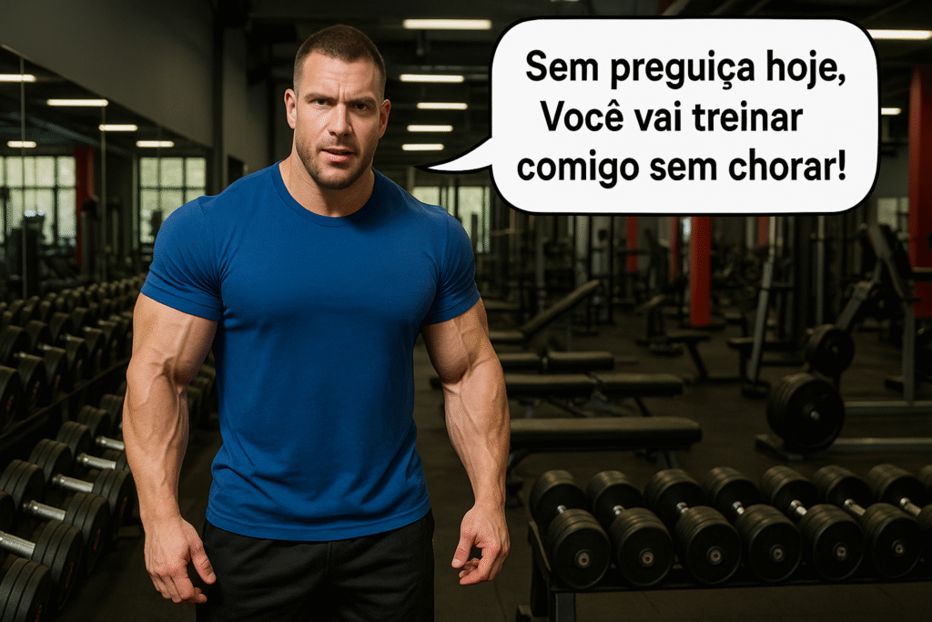 homem musculoso convidando outro para treinar sem preguiça e sem chorar em academia, vestindo camisa azul