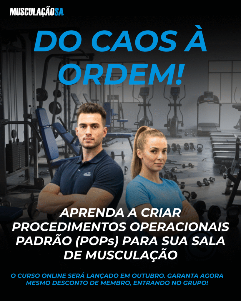 Informativo sobre o curso "Do Caos à Ordem" , de procedimentos operacionais padrão em salas de musculação das academias de ginástica.