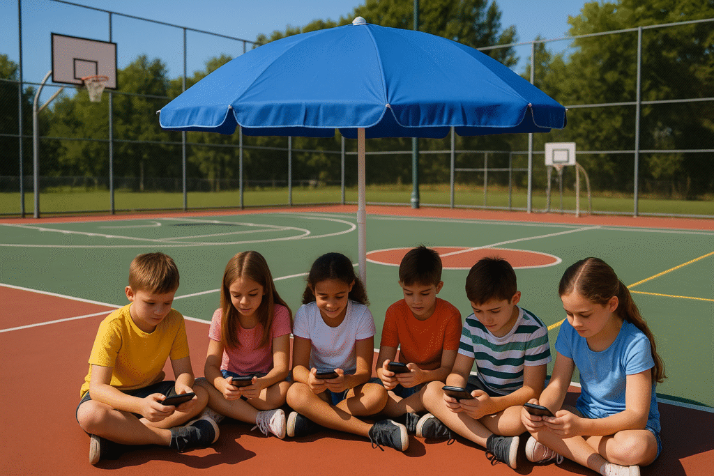 crianças com seus smartphones no meio de uma quadra esportiva