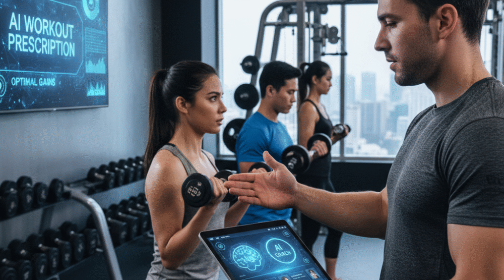 professor da academia prescrevendo exercício de força para uma mulher, utilizando inteligência artificial instalada em um tablet