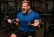 Pode ser fisiculturista sem usar esteroides anabolizantes ou sem competir? Jay Cutler realizando exercício para bíceps com halteres