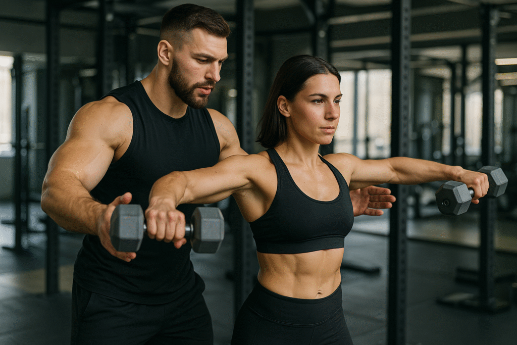 um homem e uma mulher fazendo musculação na academia, com roupas pretas
