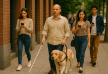 Como sua academia recebe Pessoas com Deficiência (PcD) homem com deficiência visual caminhando com seu cão guia na calçada