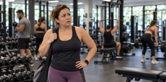 O que o praticante de musculação precisa saber para ter bons resultados? Mulher com semblante de perdida na sala de musculação, precisando claramente de ajuda